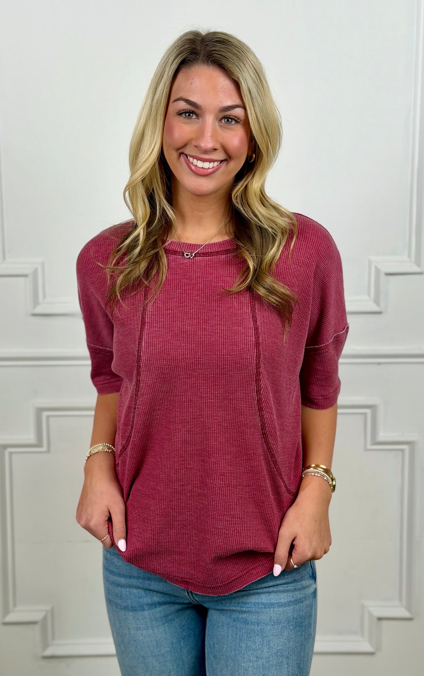 Cotton Blend Mineral Wash Waffle Top, Garnet Red