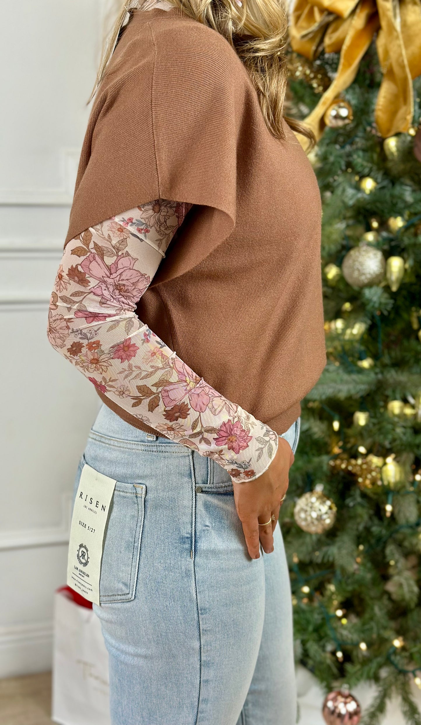 Clay Rose Floral Print Mesh Top