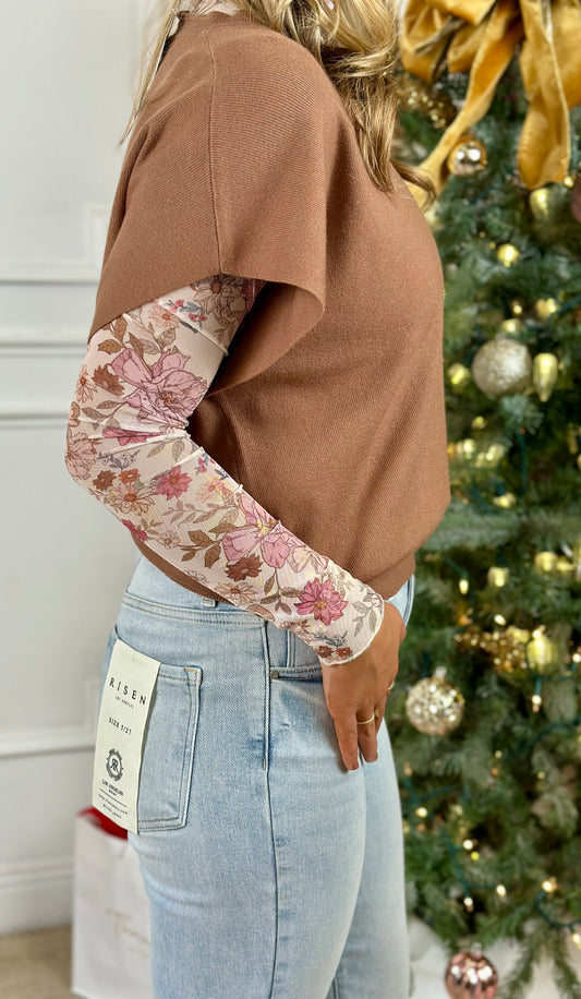 Clay Rose Floral Print Mesh Top