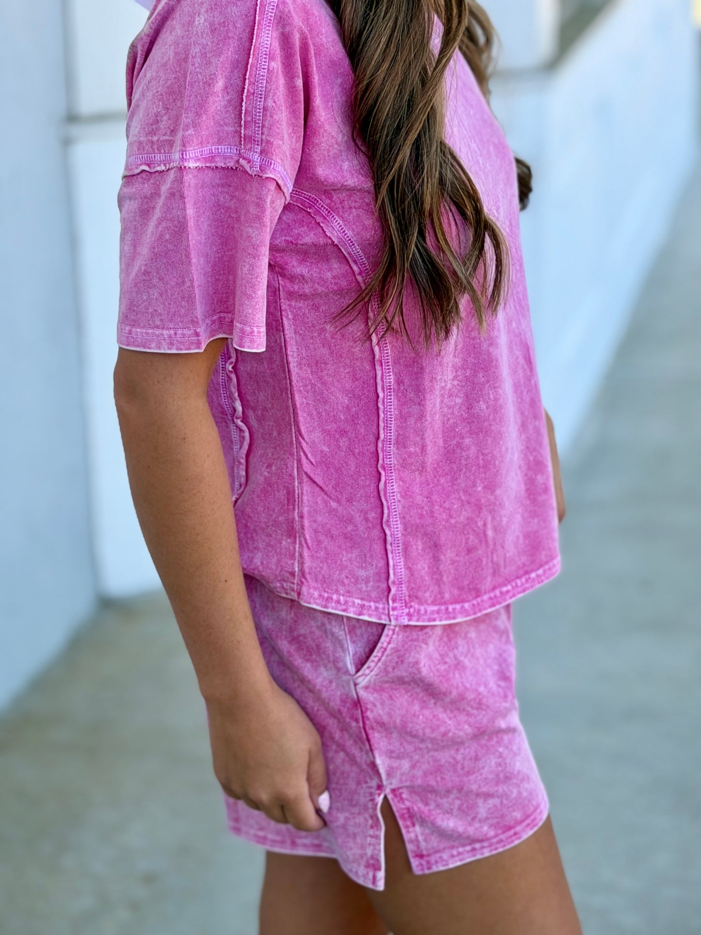 Halo Snow Washed Top & Short SET, Hot Pink