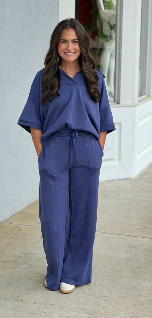 Scuba Collared Short Sleeve Top & Pants SET, Blue Indigo
