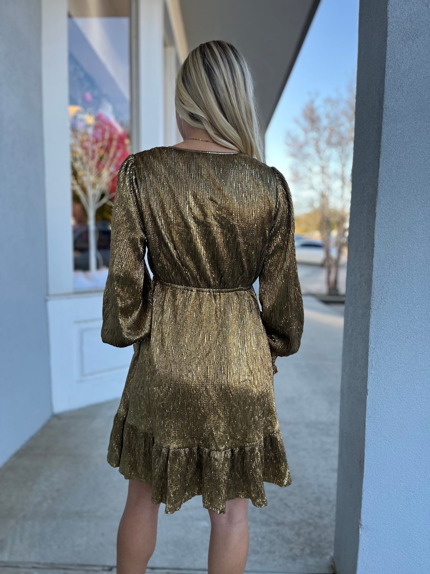 Gold V Neck Long Sleeve Dress