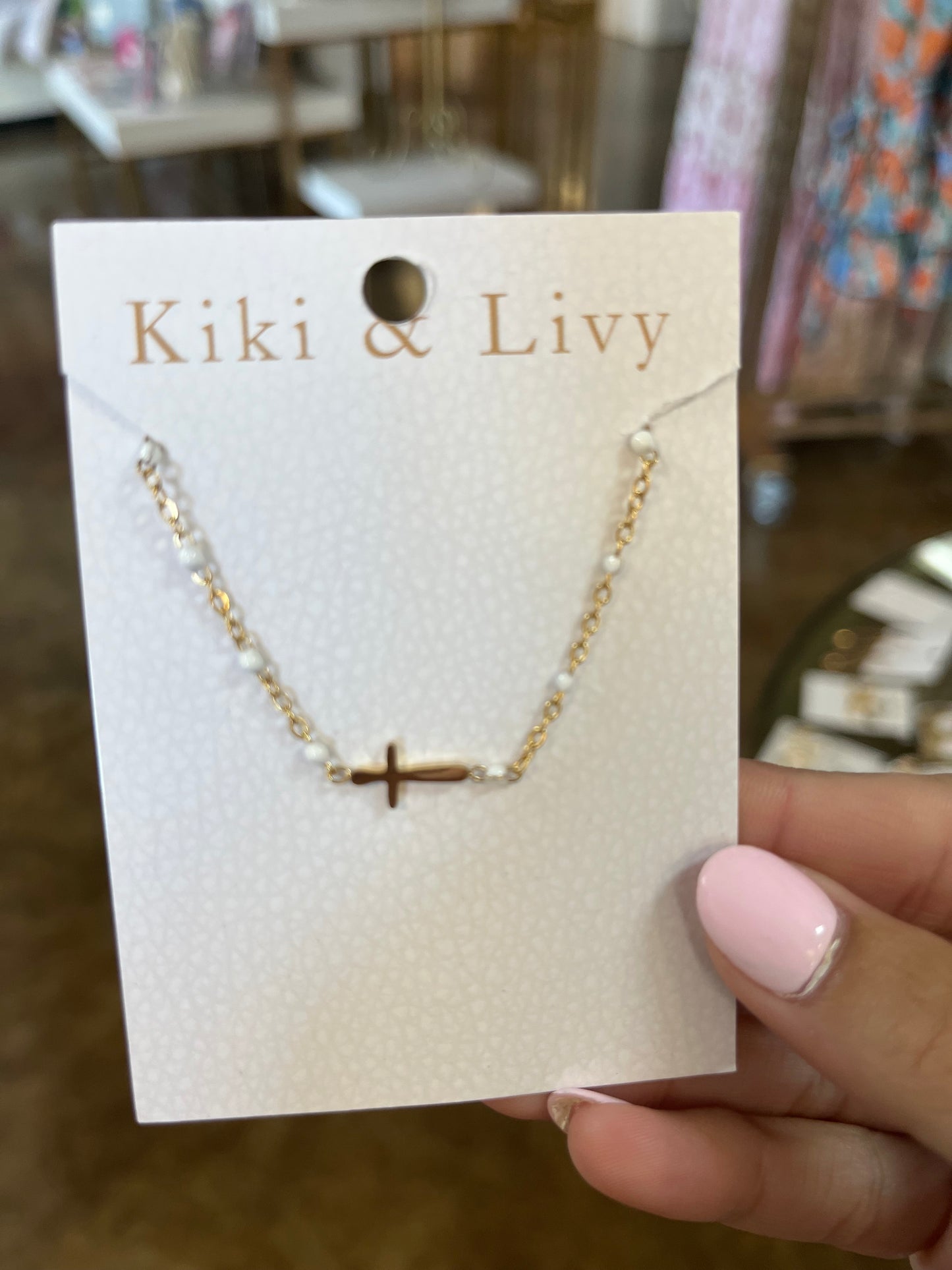 Beaded Sideways Cross White Necklace