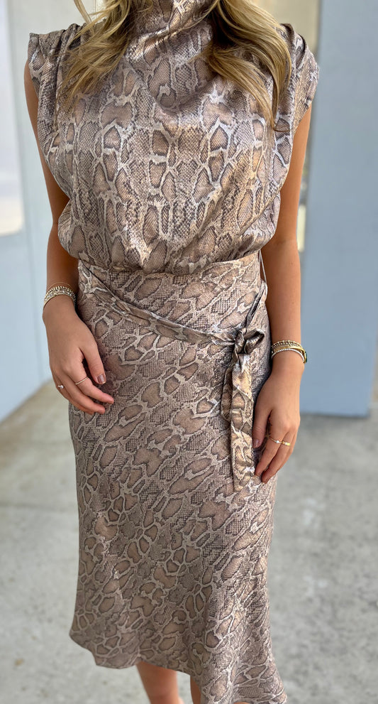 Snake Print Mock Neck Midi Dress