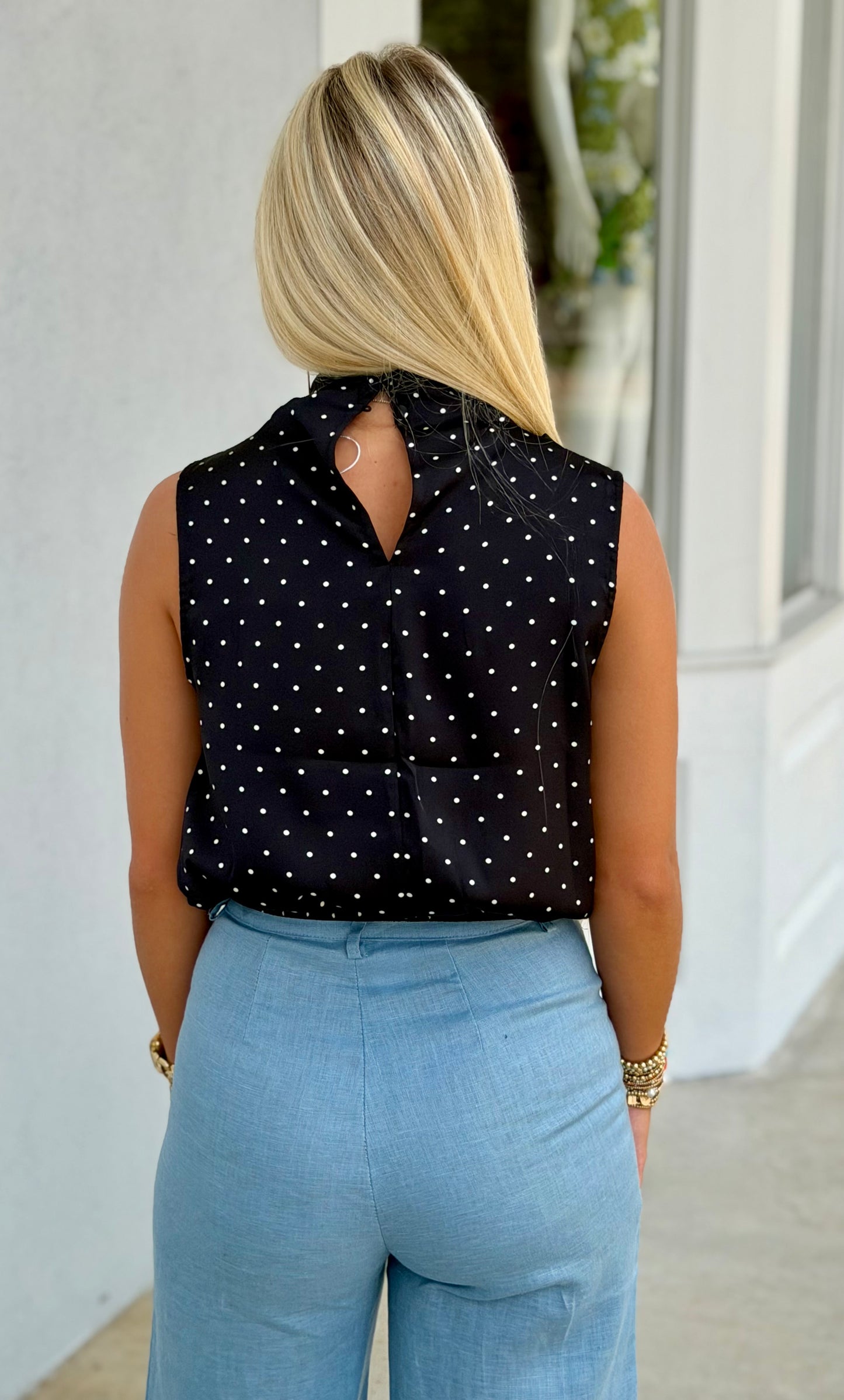High Neck Sleeveless Dot Top, Black