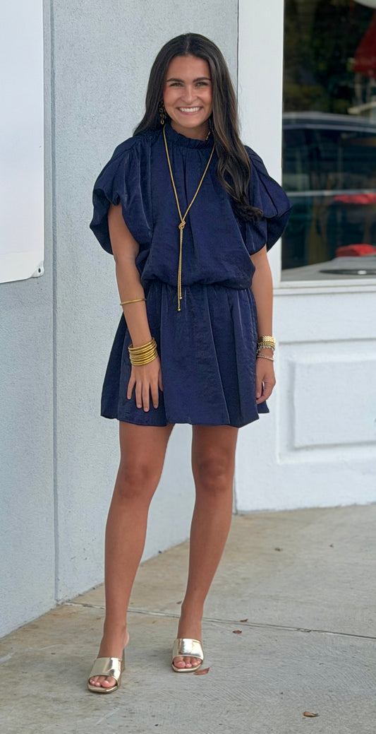 Navy Puff Sleeve Ruffle Neck Dress