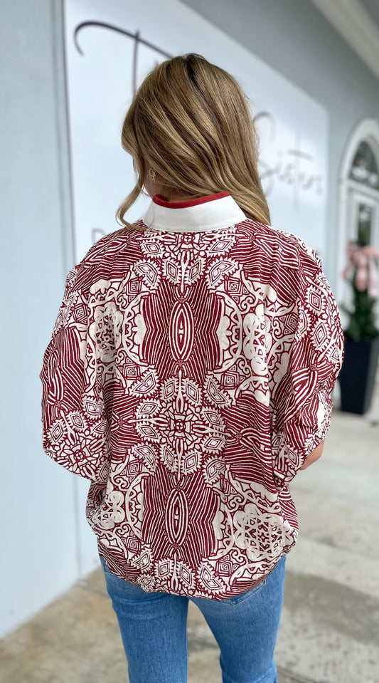 Rust Multi-Pattern Short Dolman Sleeve Top