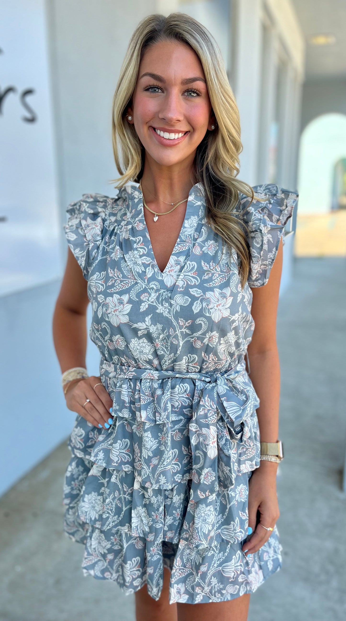 Sage Floral Layered Ruffle V Neck Dress