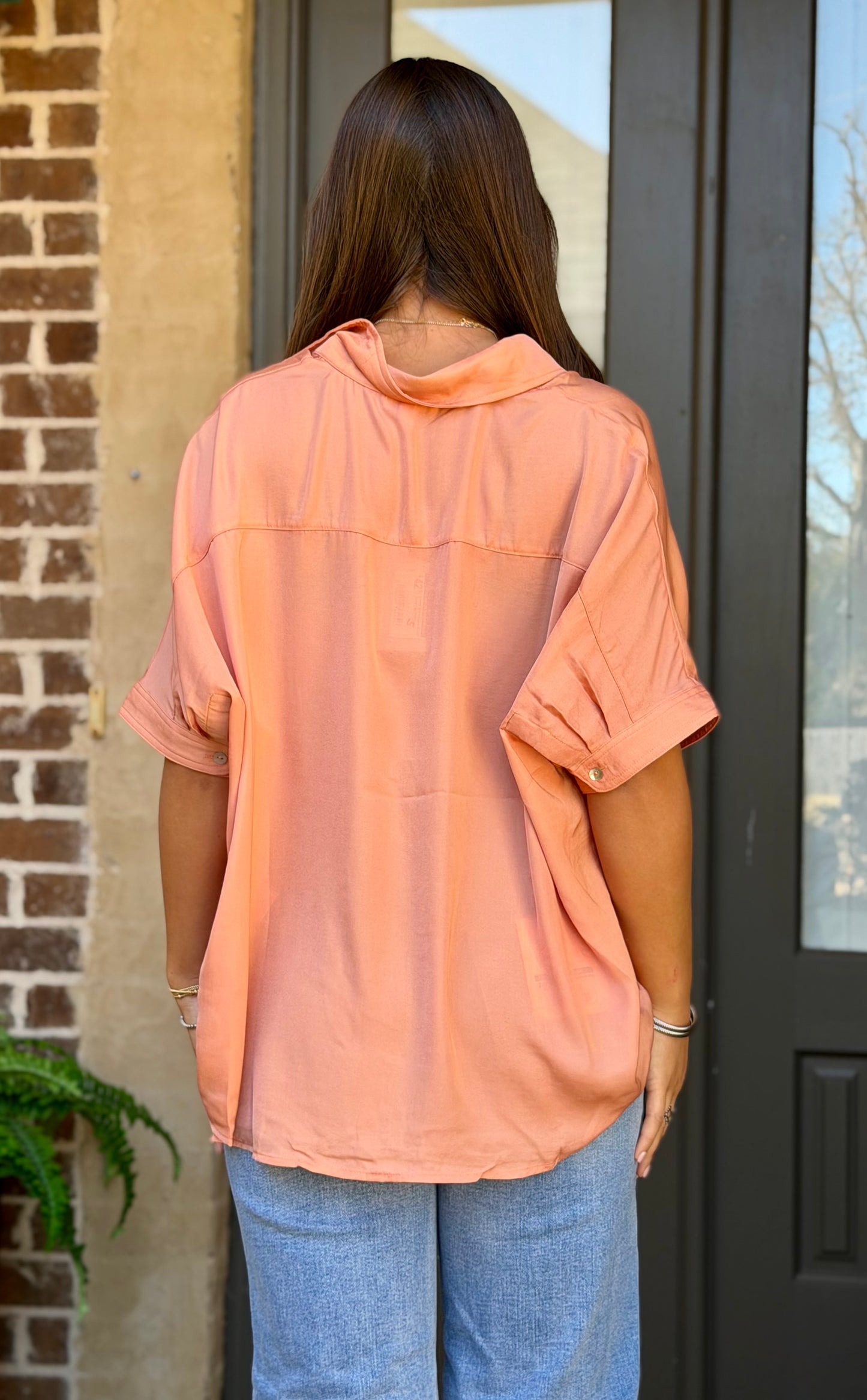 Apricot Short Sleeve Button Down Top