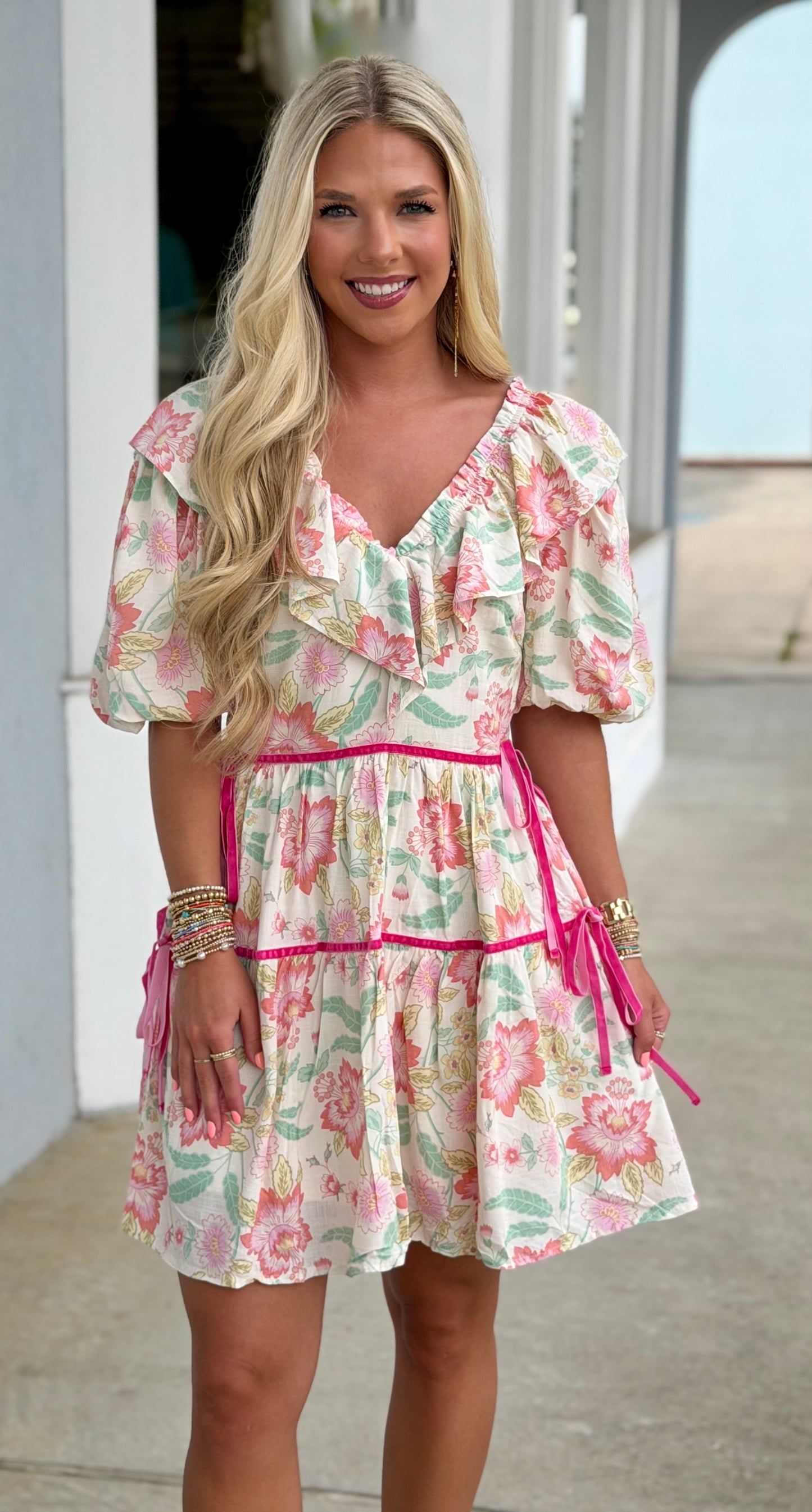 Multi Floral Print V Neck Ruffle Detail Dress