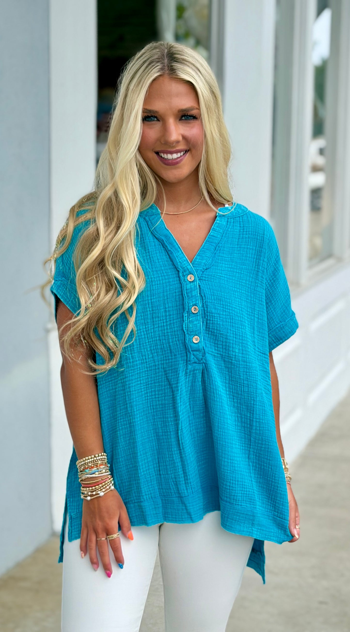 Washed Double Gauze Button Shirt, Lt Teal