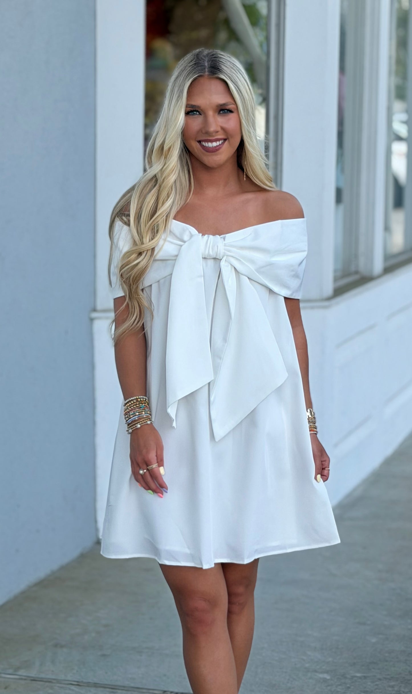 Front Statement Bow Off the Shoulder Dress, White