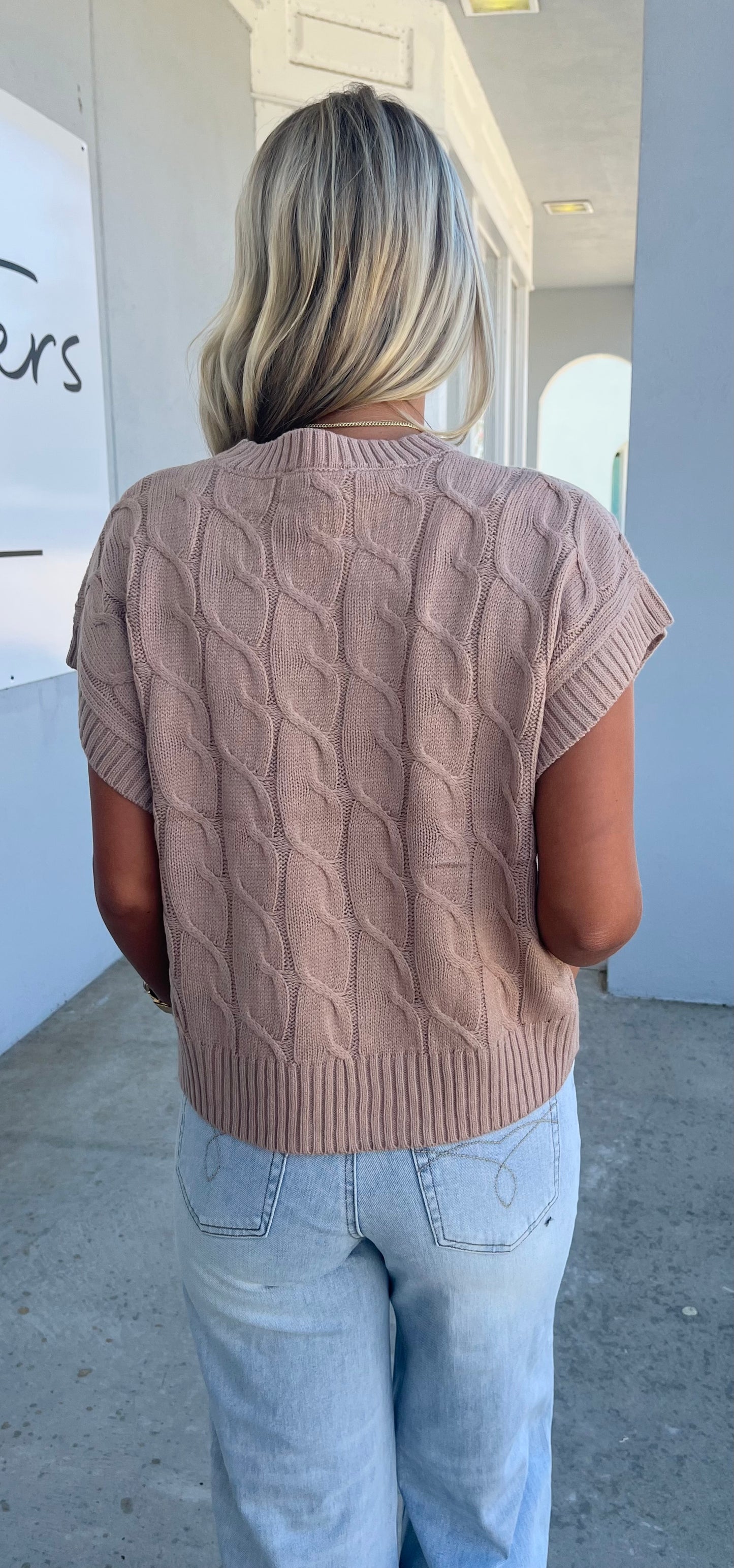 Sleeveless Oversized Cable Knit Sweater Vest, Dark Taupe