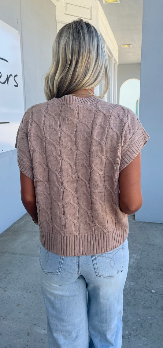 Sleeveless Oversized Cable Knit Sweater Vest, Dark Taupe