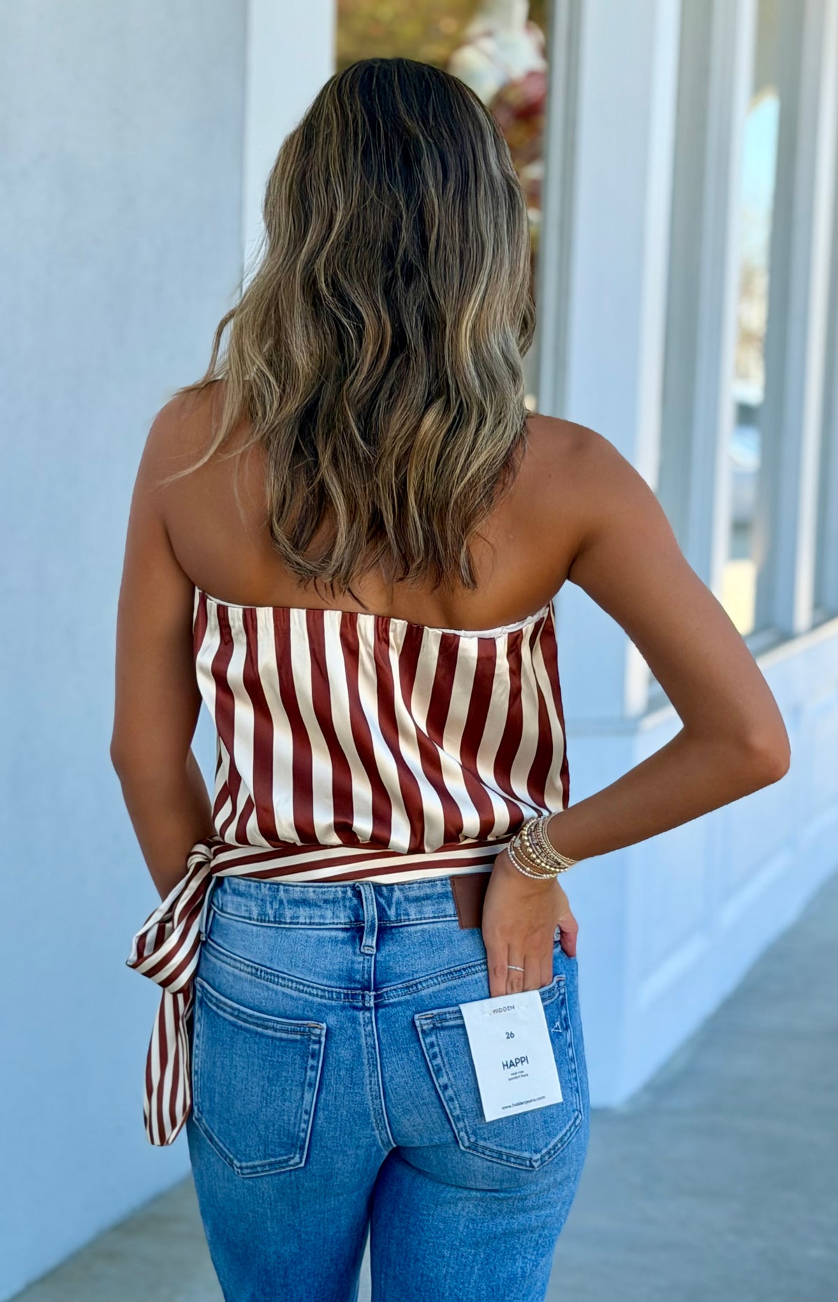Cream/Brown Striped Satin Strapless Tie Waist TOp