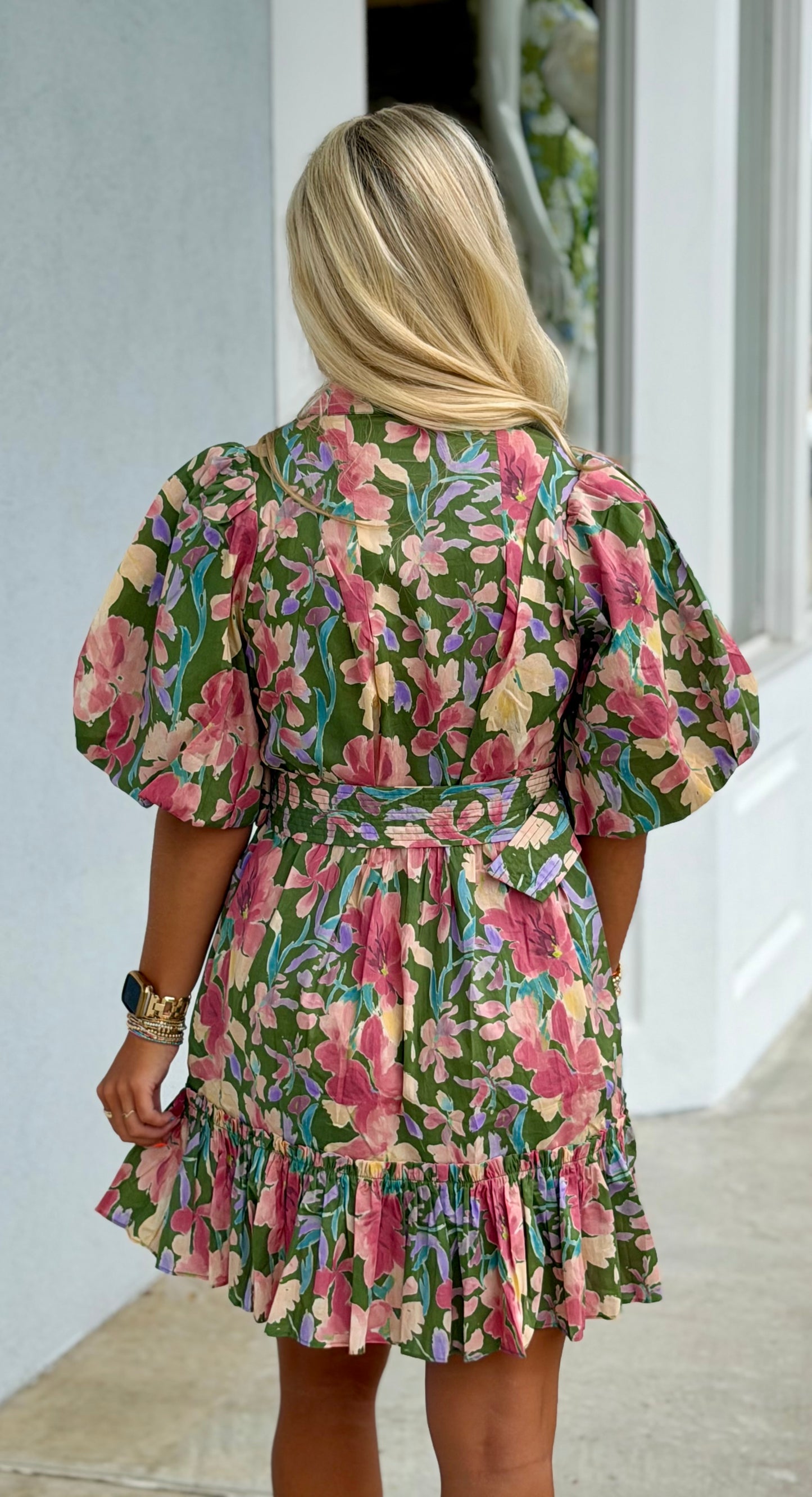 Green Floral Dress W Belt