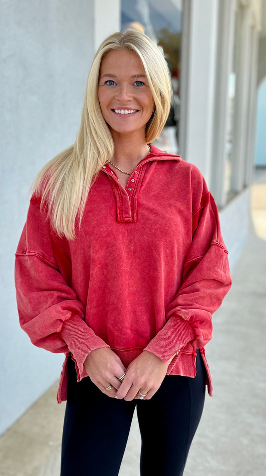 Snow Washed Long Sleeve Pullover, Red