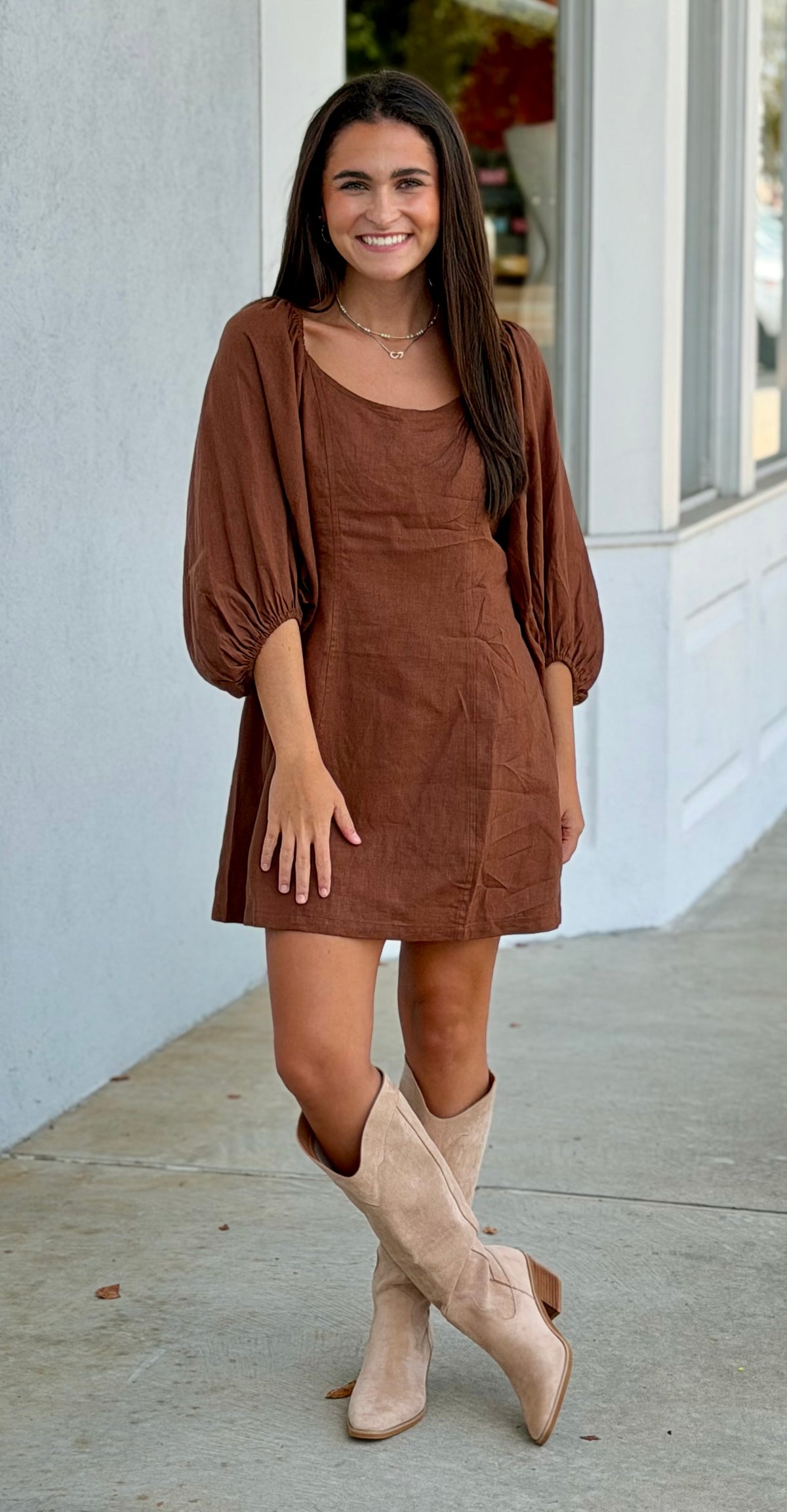 Brown Open Back Puff Sleeve Mini Dress