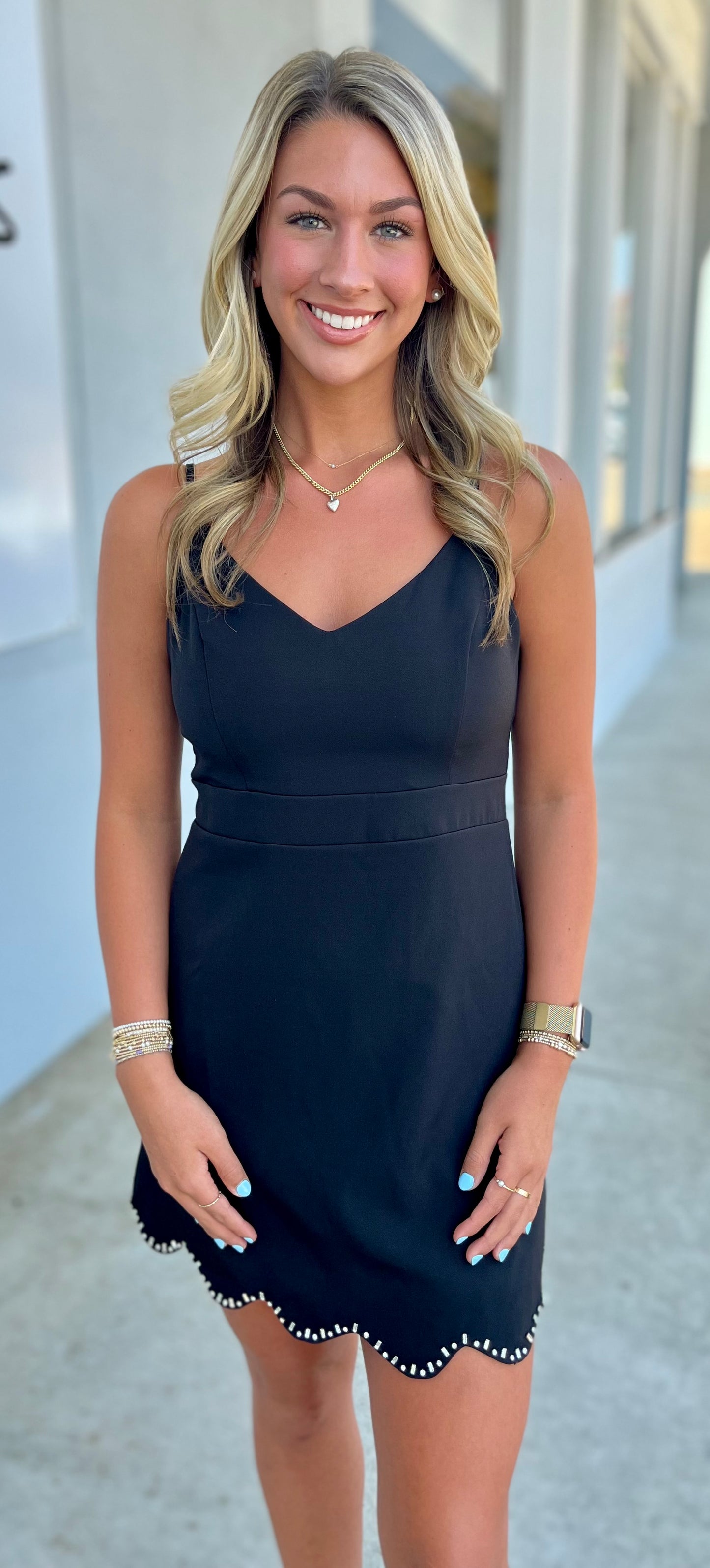 Rhinestone Scallop Edge Dress, Black