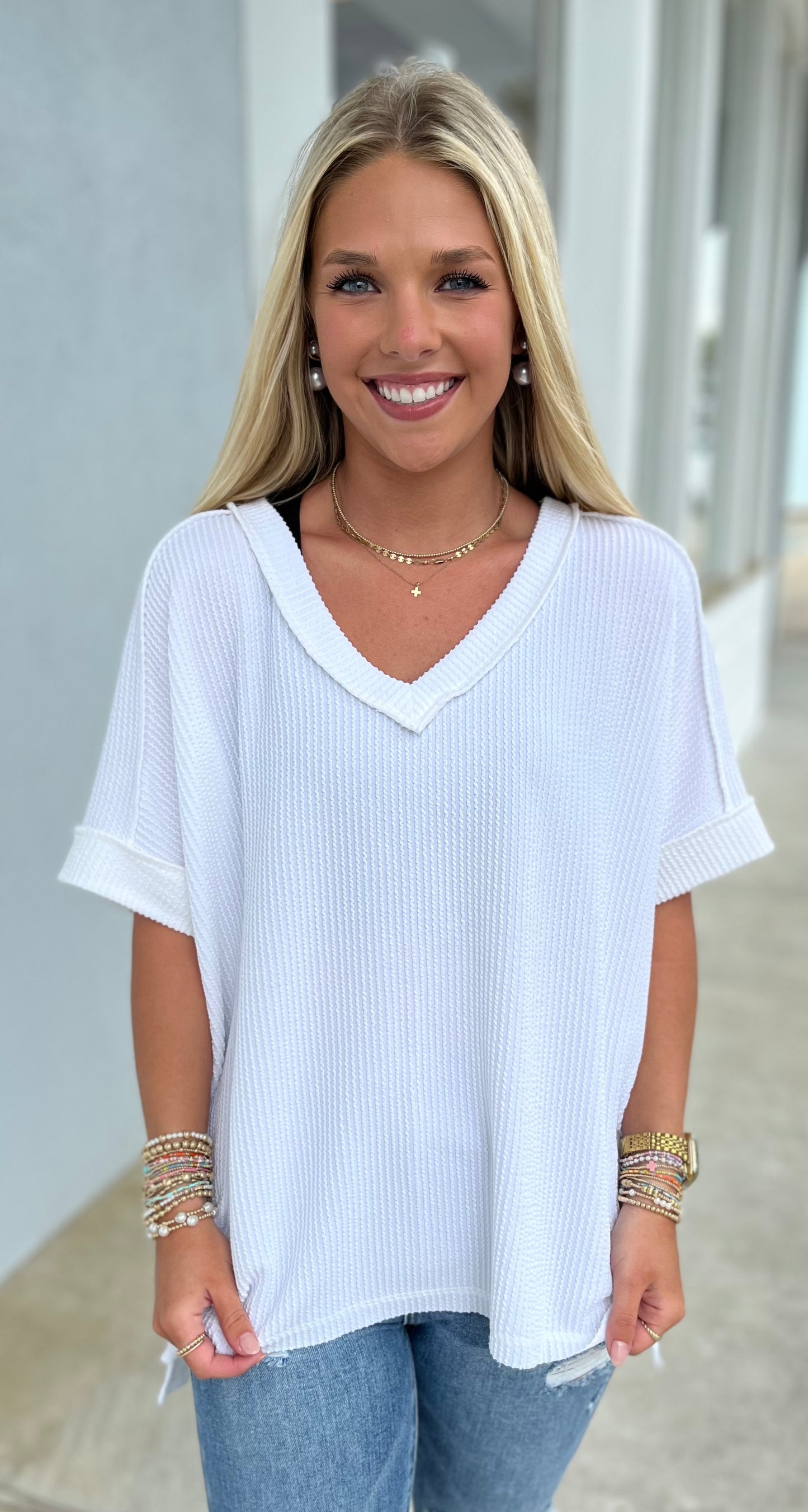Off White Corded Rib V Neck Tee