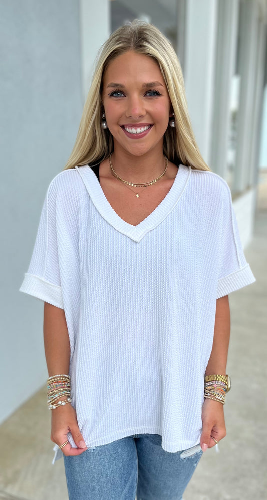 Off White Corded Rib V Neck Tee