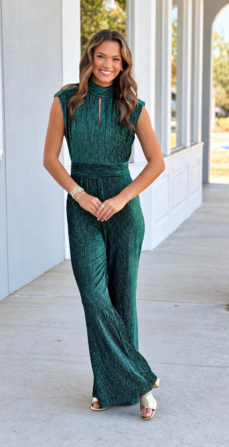 Hunter Green Metallic Keyhole Wide Leg Jumpsuit