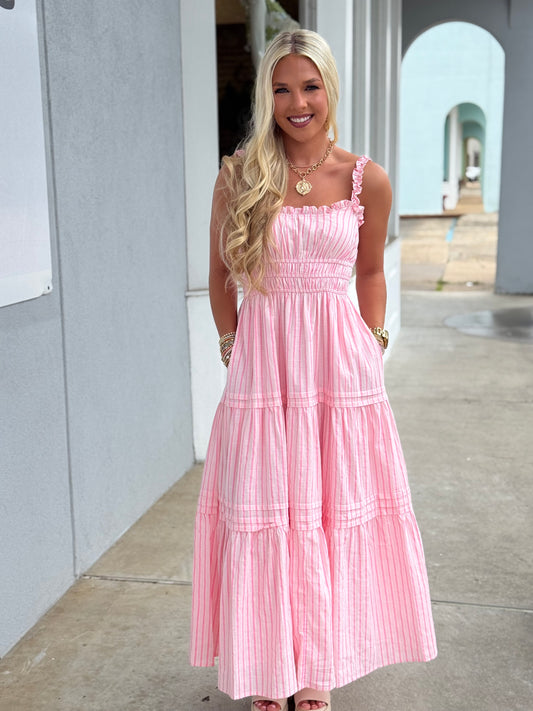 Pink Ruffle Strap Tiered Stripe Maxi Dress