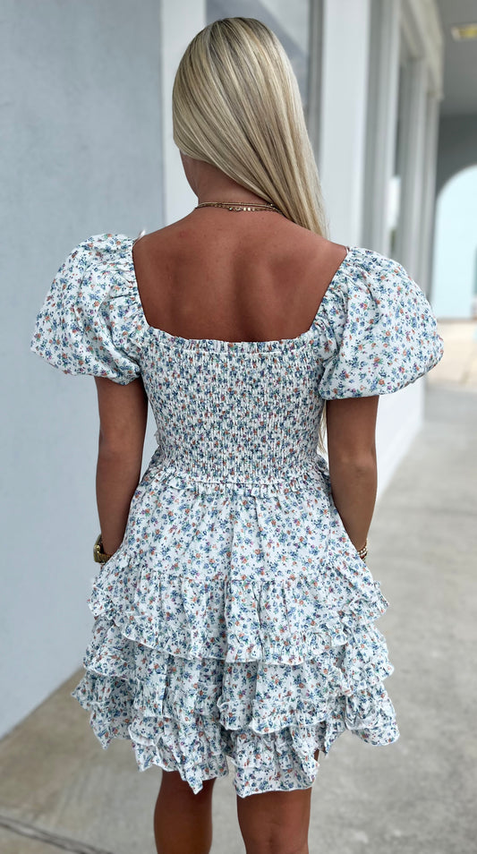 Floral Print Ruffle Tiered Mini Dress , Blue