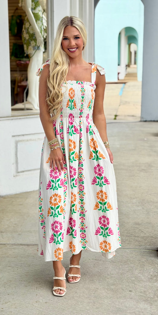 Tie Strap Floral Print Smocked Bodice Midi Dress