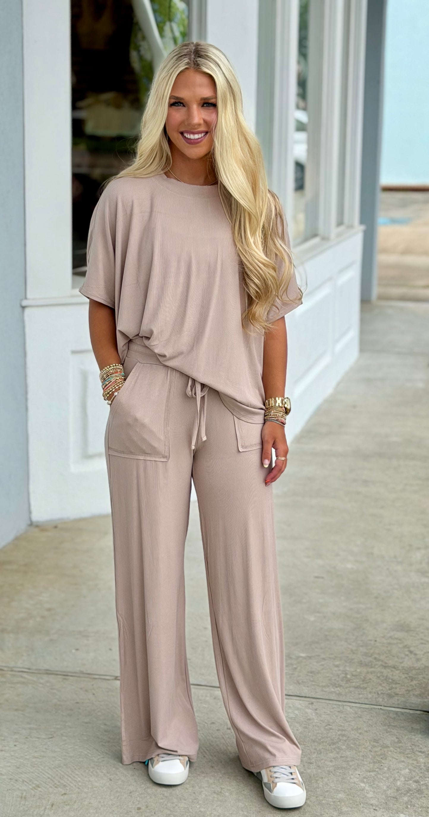 Ribbed Rayon Top & Pants SET, Ash Mocha
