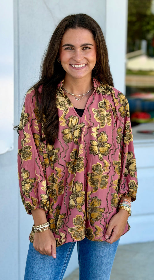 Rose Metallic Velvet Floral Textured Split Neck Blouse
