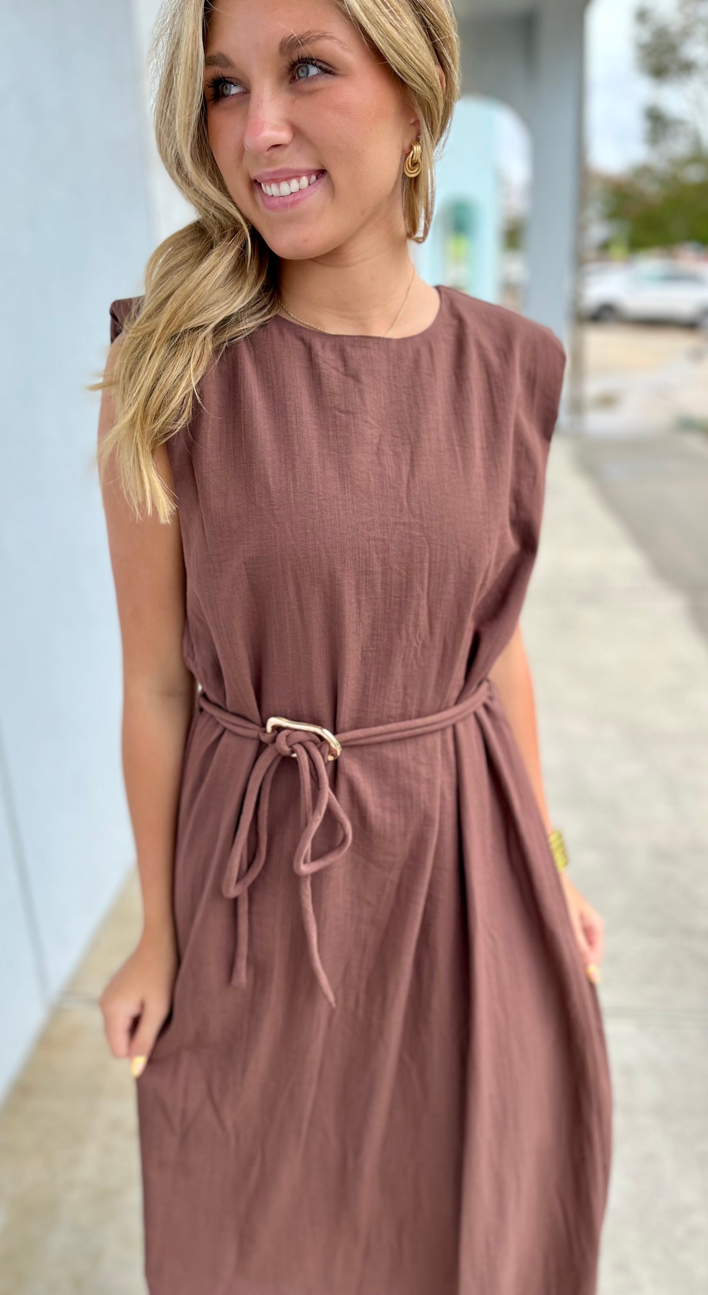 Espresso Slit Hem Midi Dress With Gold Belt