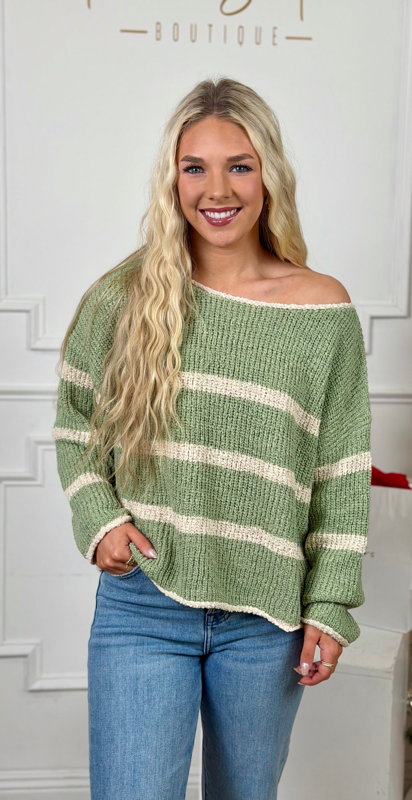 Sage/Oatmeal Striped Lightweight Sweater