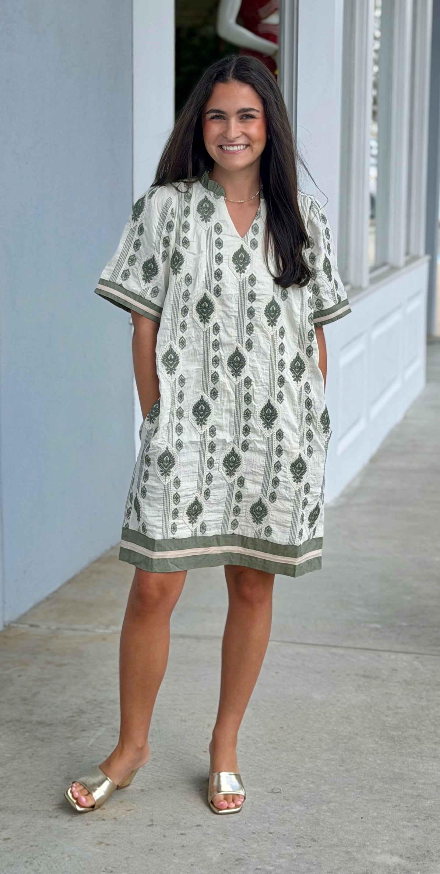 Sage Short Sleeve Embroidered  Mini Dress
