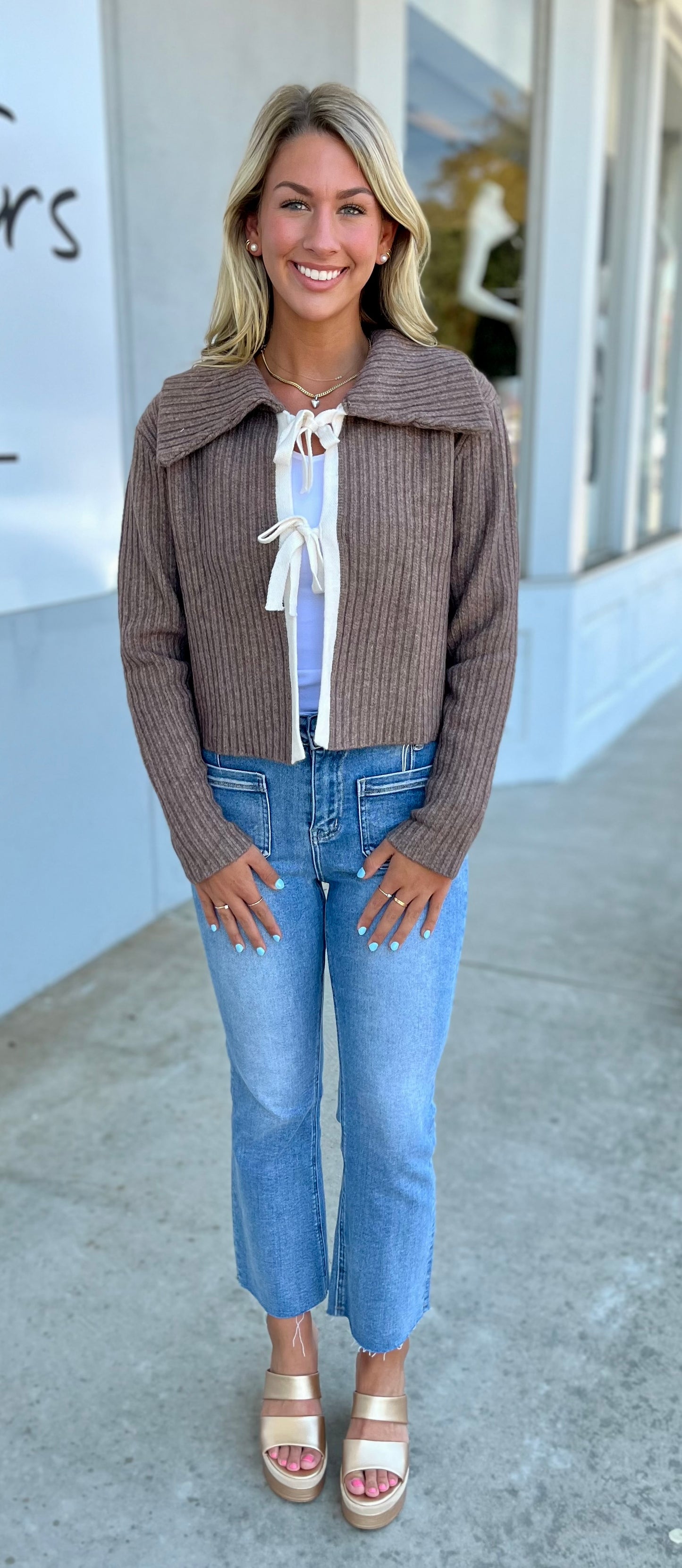 Mocha Charm Rib Cardigan w/ Contrast Bow