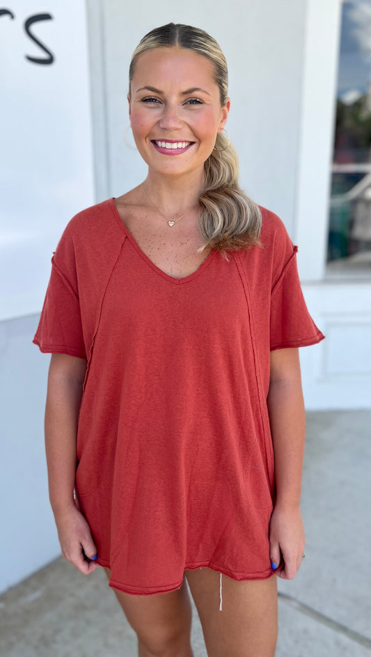 V Neck Pocket Top, Rust