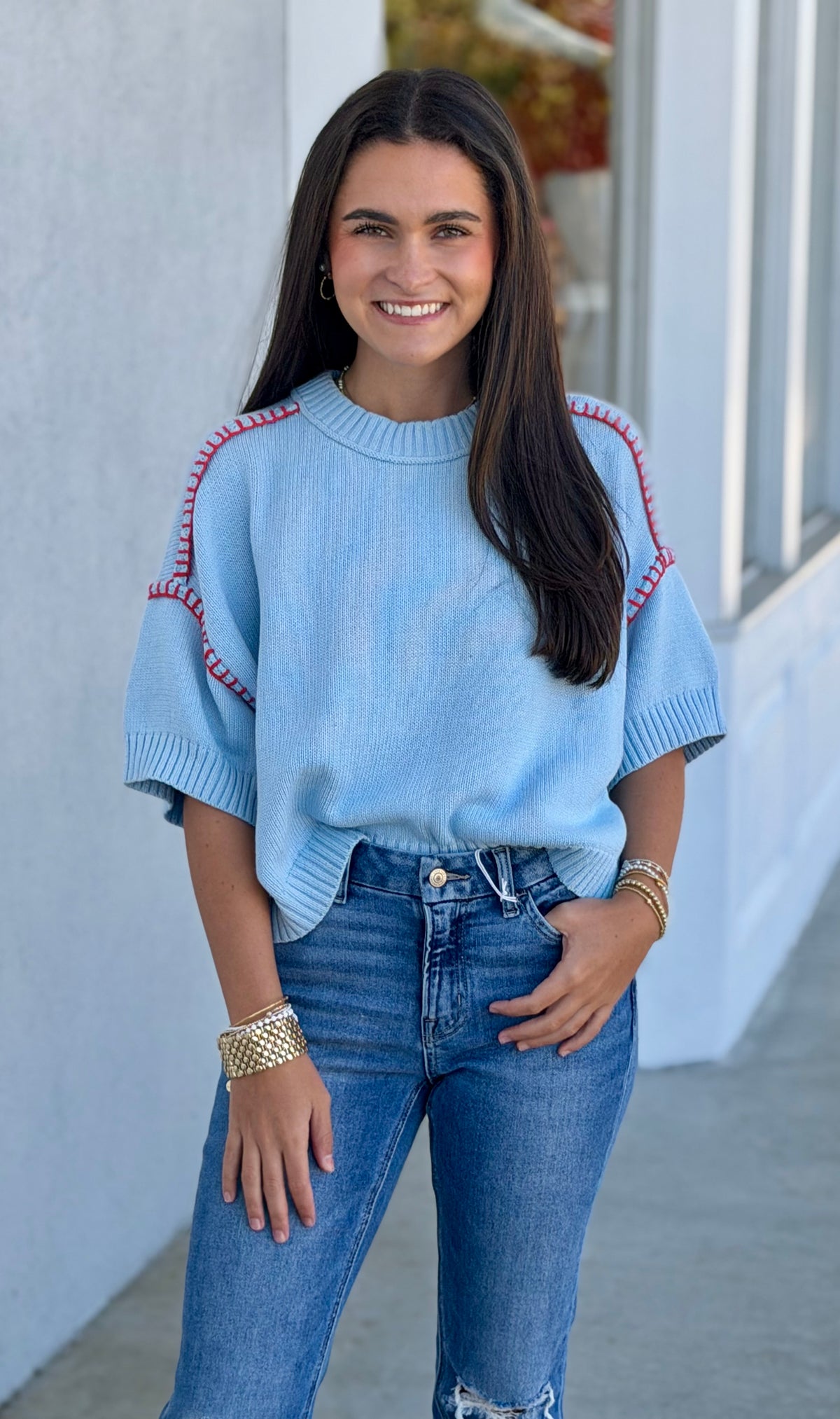 Lt Blue Contrast Stitch Boxy Sweater
