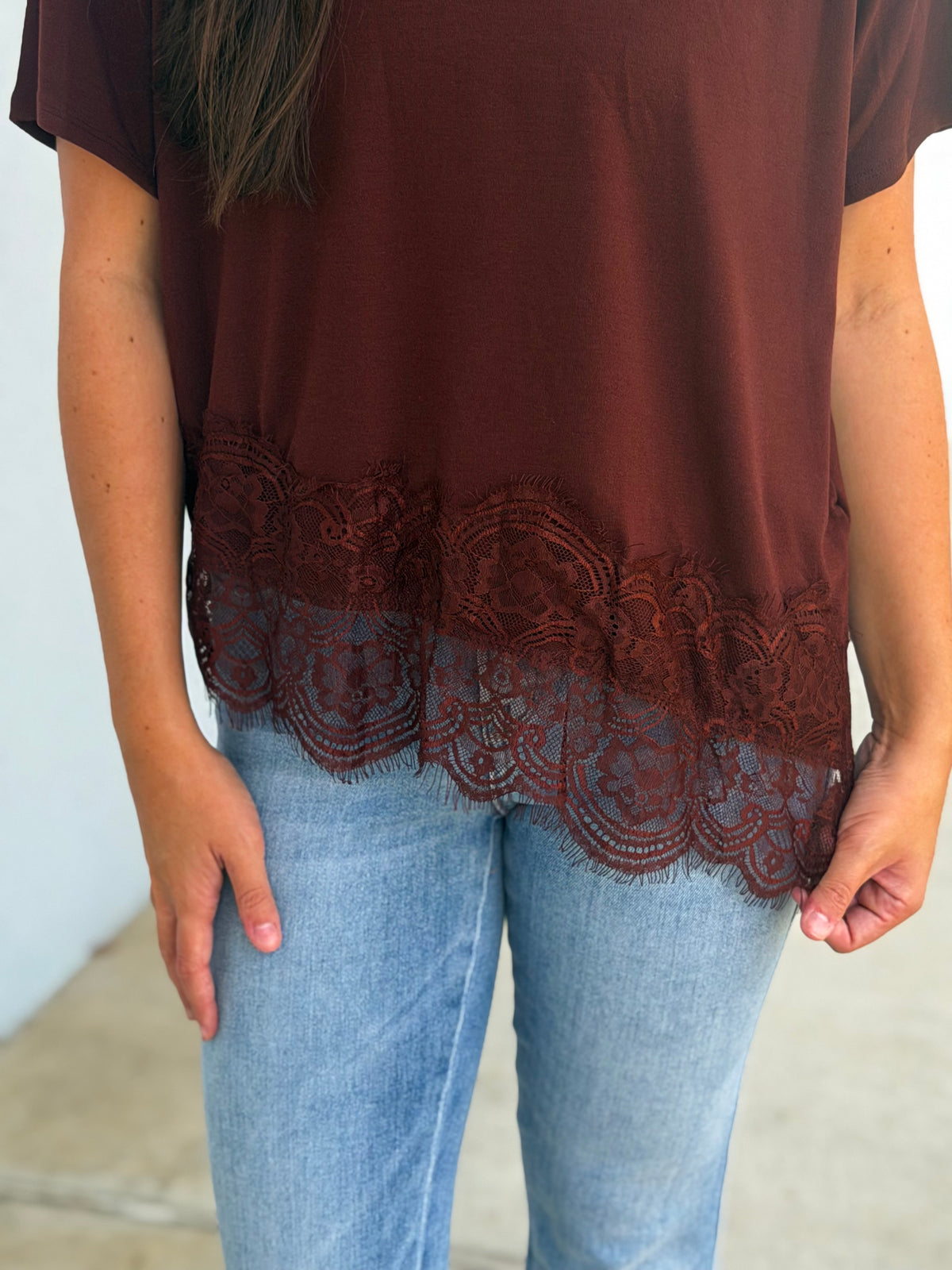 Asymmetrical Lace Trim Top , Brown