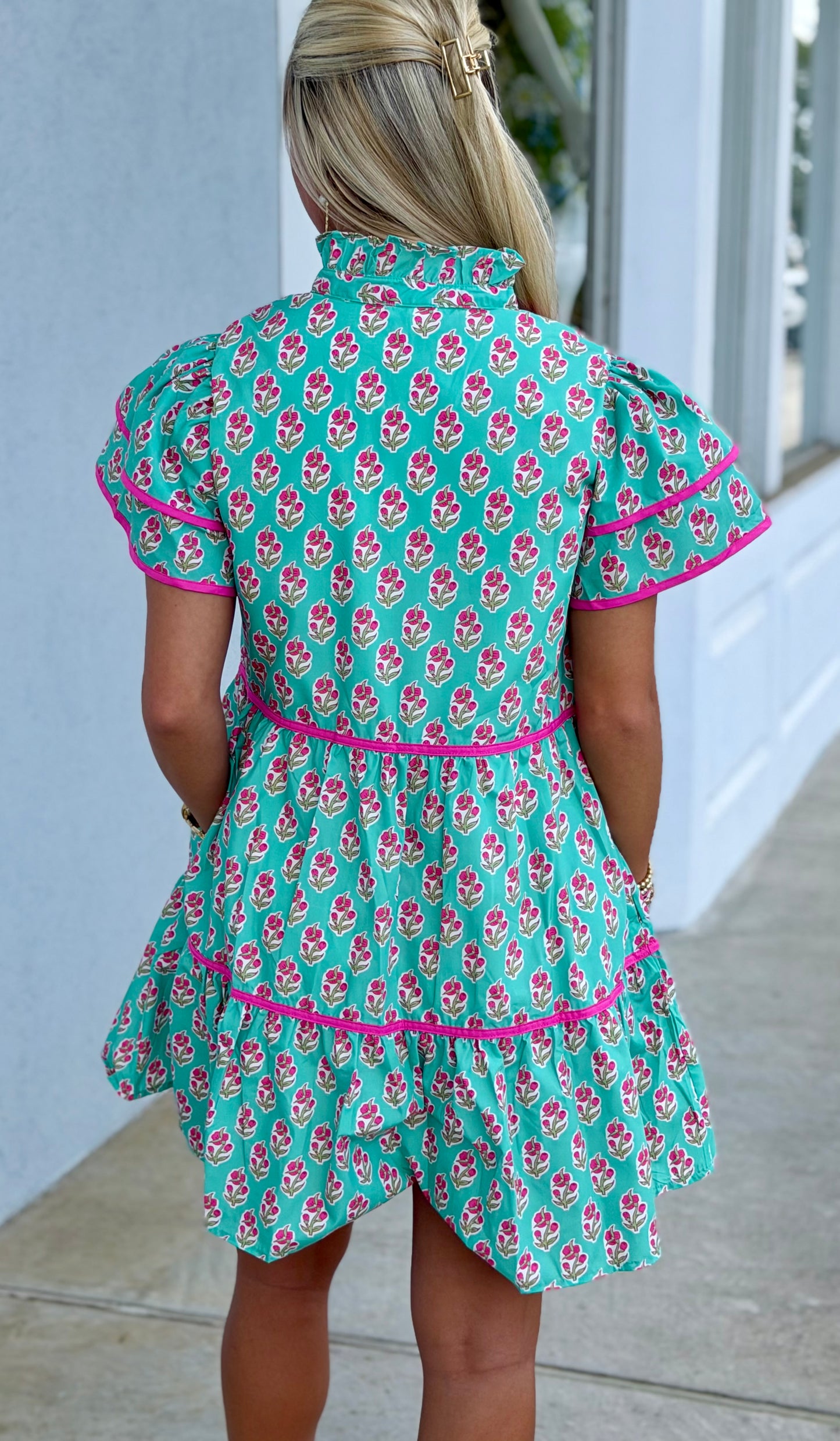 Green Floral Flutter Sleeve Dress