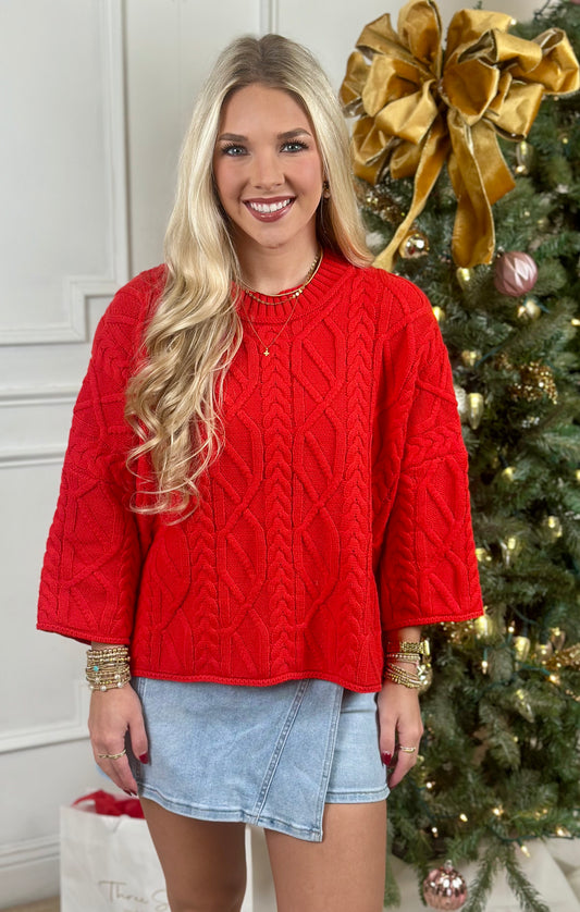 Cableknit Sweater, Red