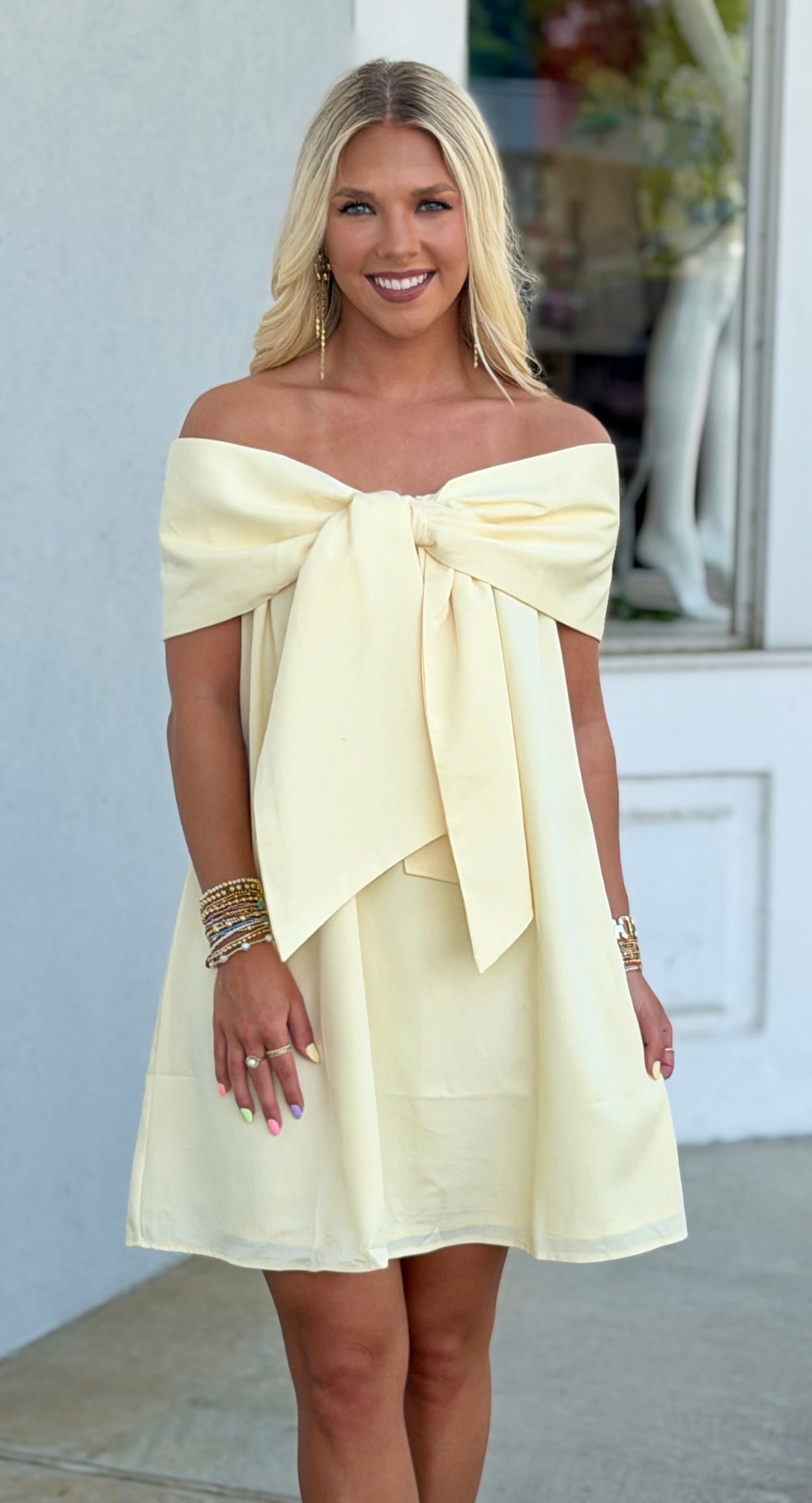 Front Statement Bow Off the Shoulder Dress, Yellow