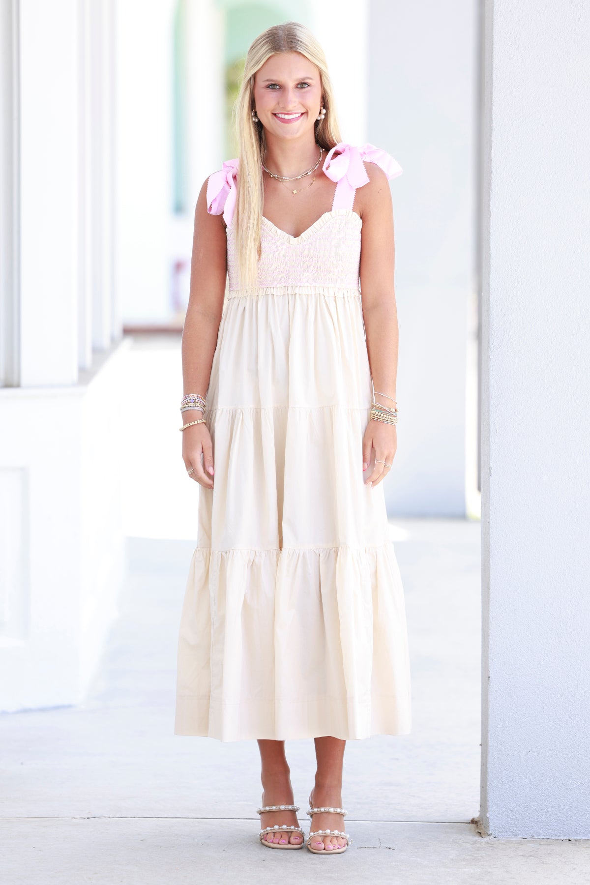 Cream Smocked Tiered Maxi Dress