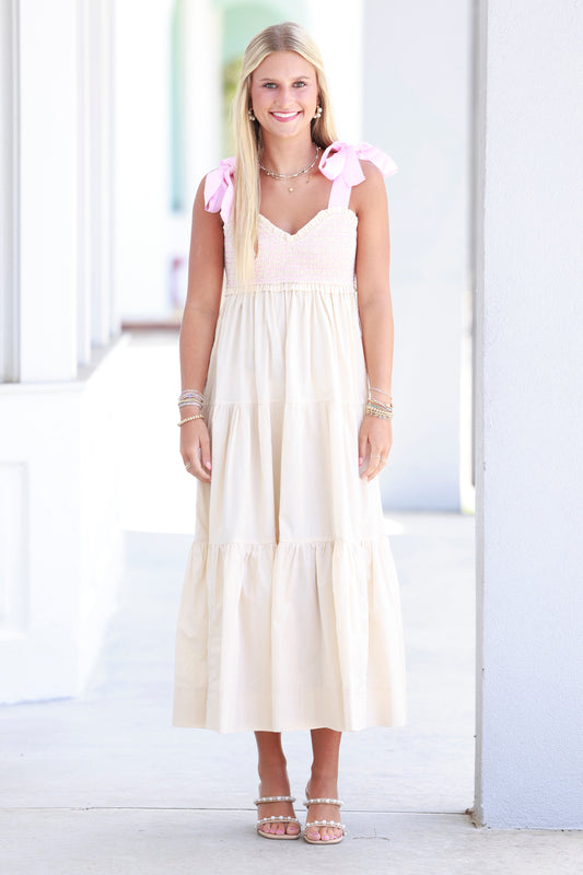 Cream Smocked Tiered Maxi Dress