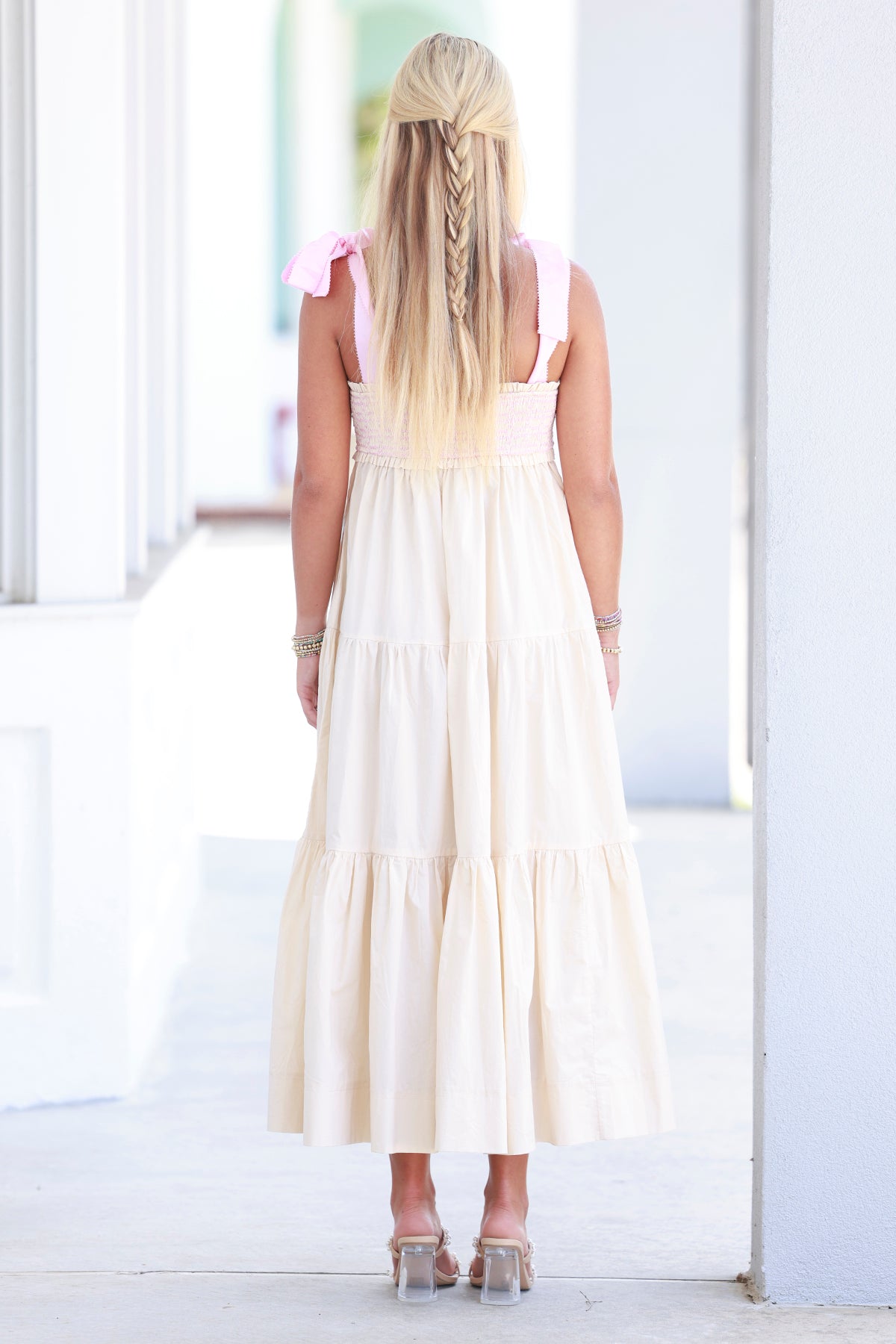 Cream Smocked Tiered Maxi Dress