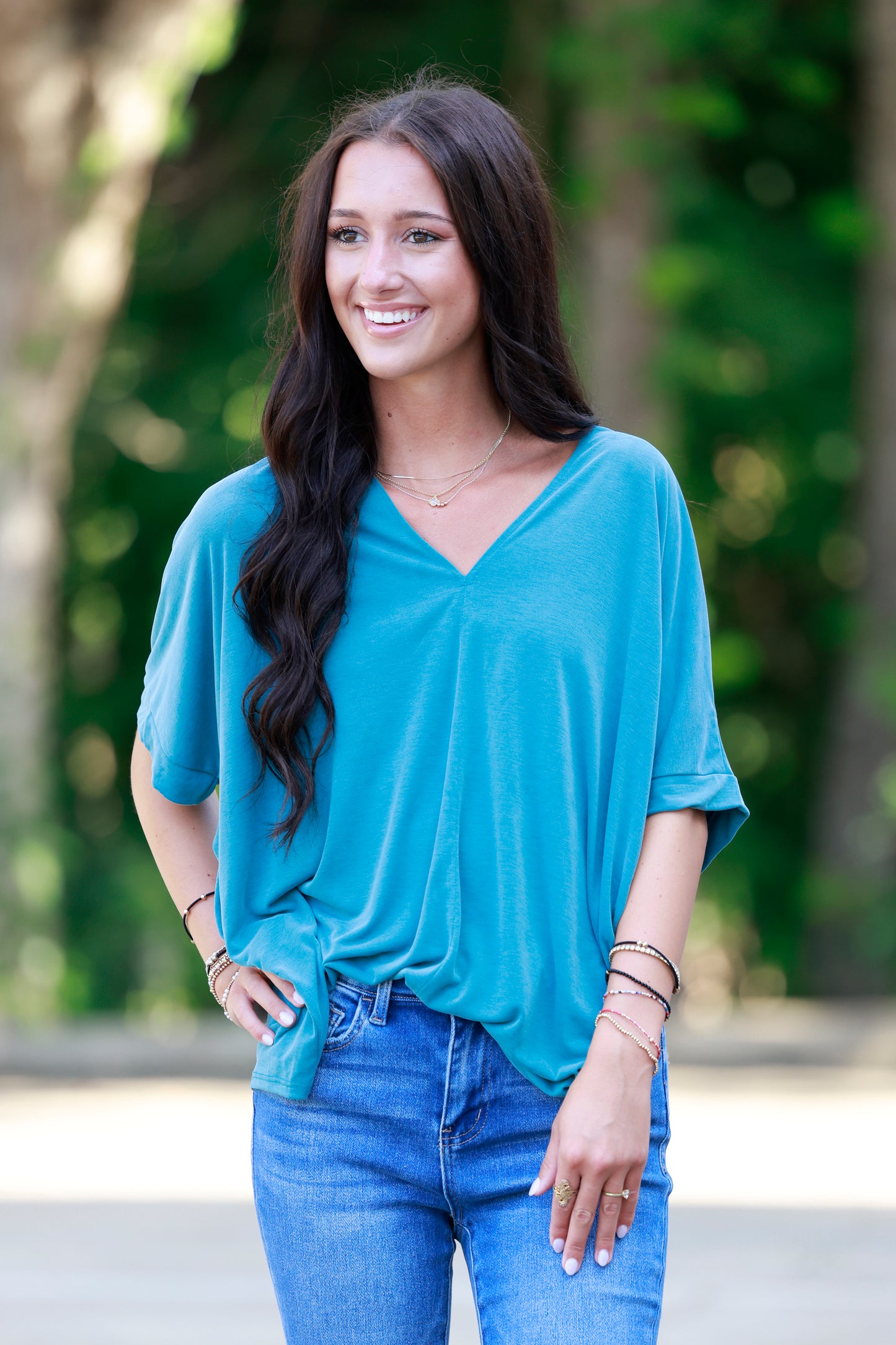 Teal Soft Boxy V Neck Top