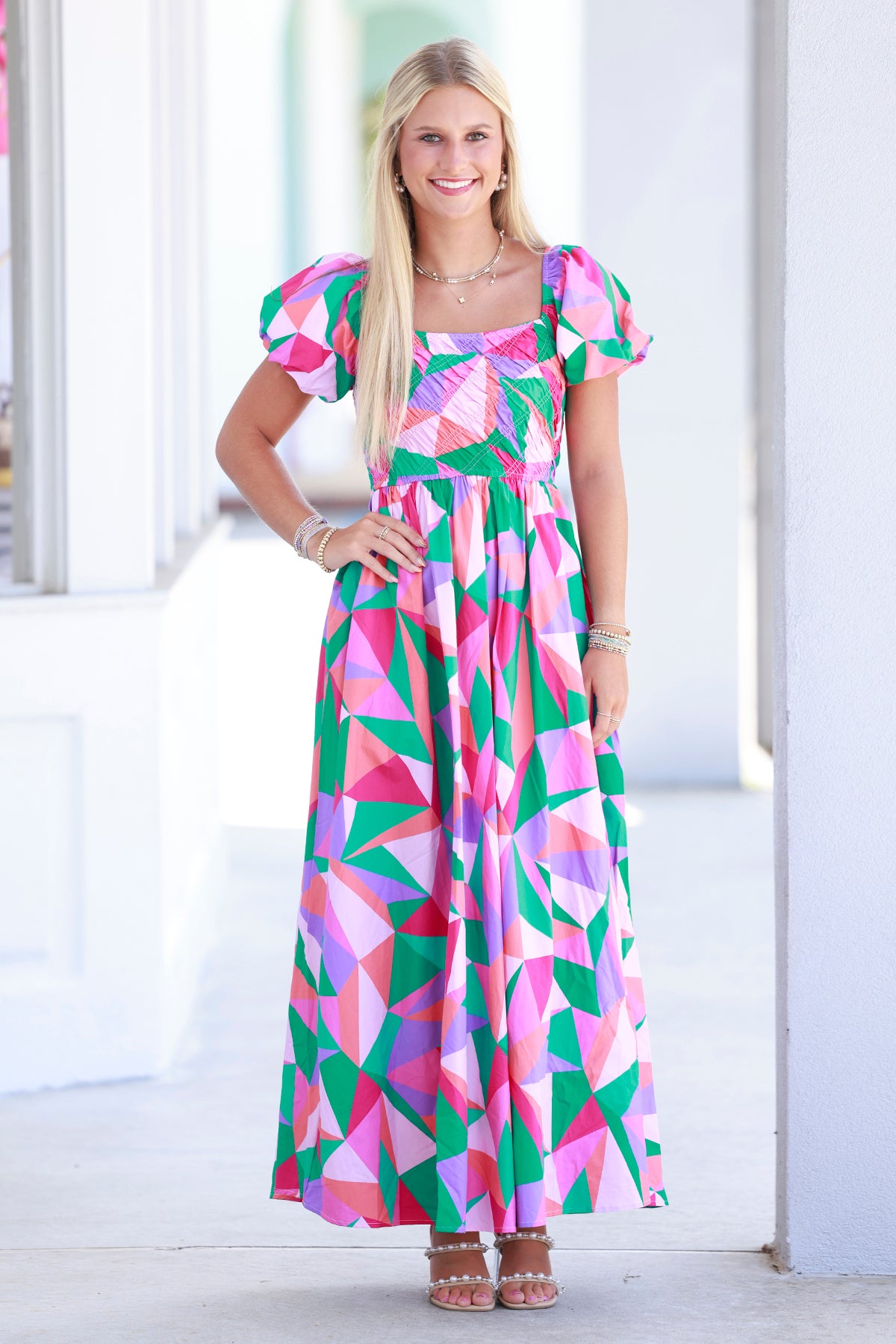 Pink/Green Multi Cotton Print Smocked Maxi Dress