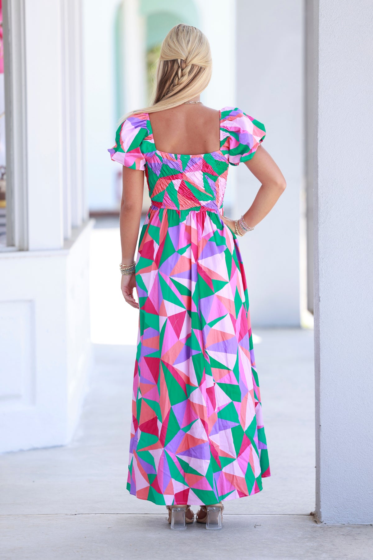 Pink/Green Multi Cotton Print Smocked Maxi Dress