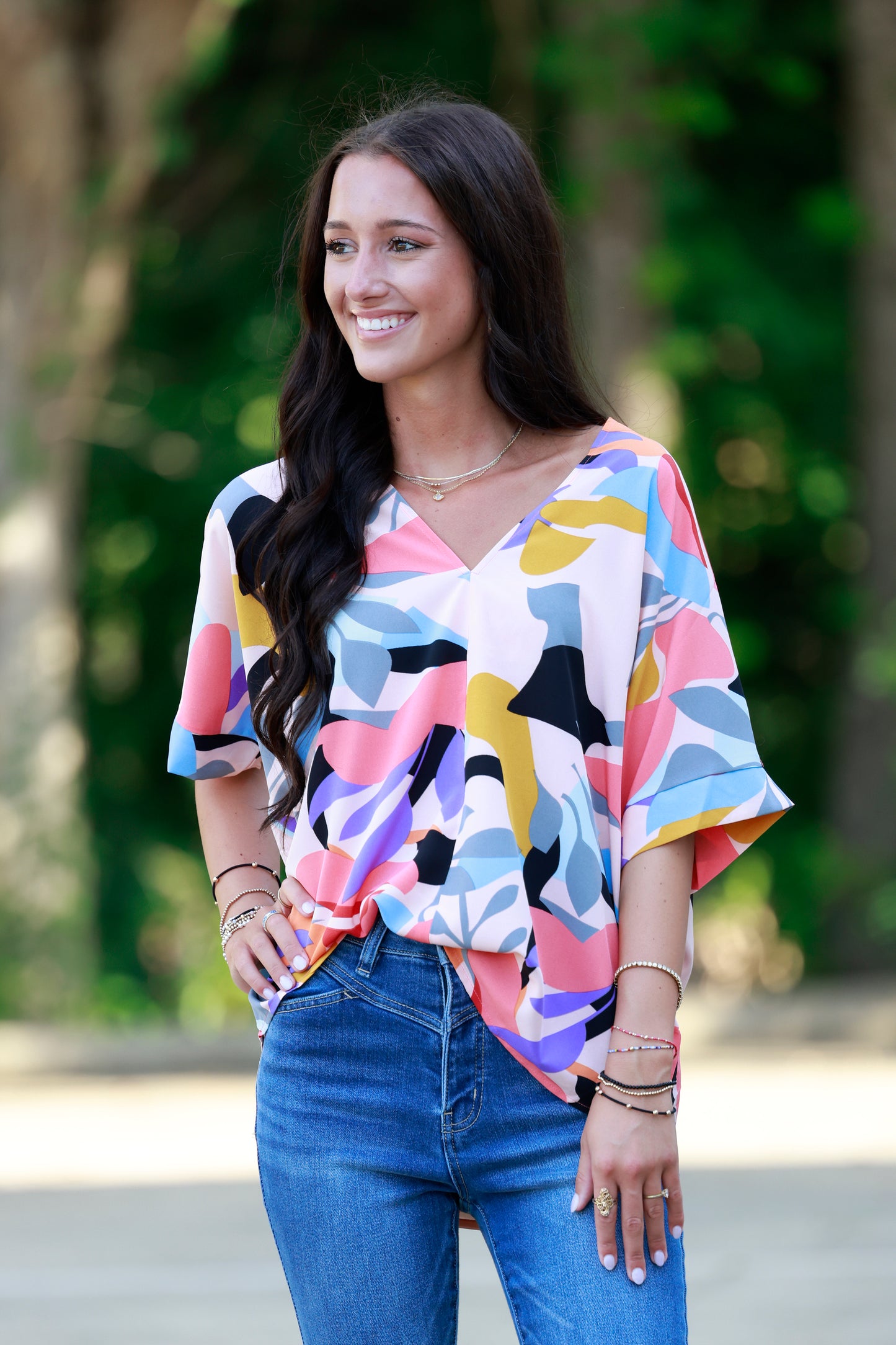 Tropical Print Boxy V Neck