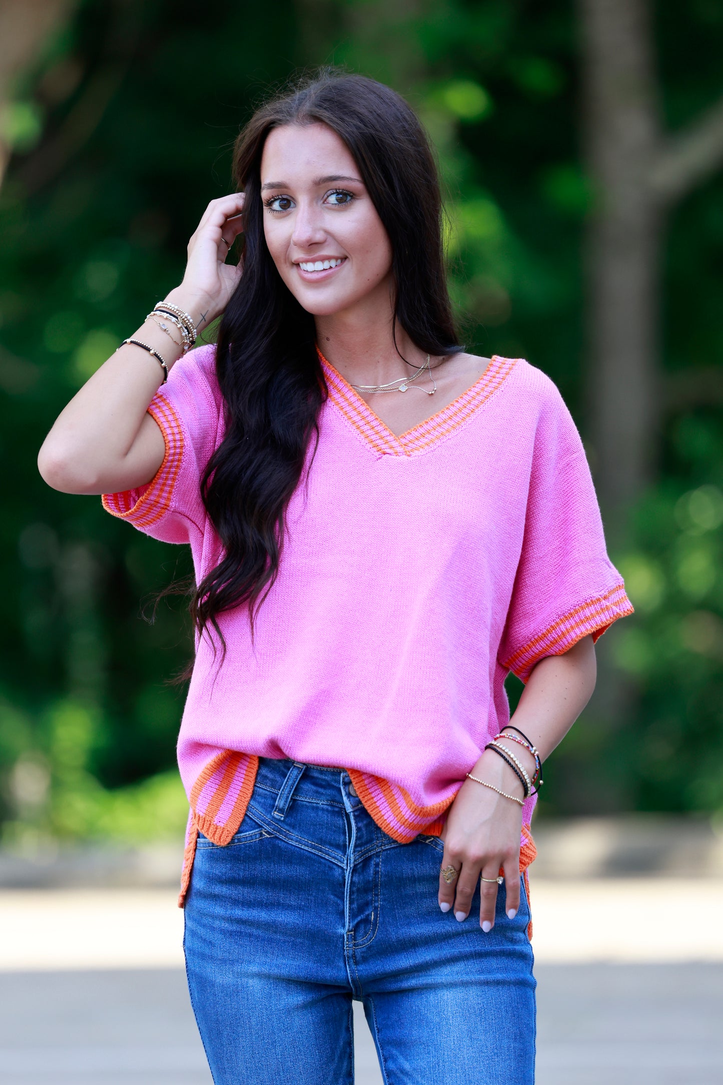 Pink Knit Top with Stripes