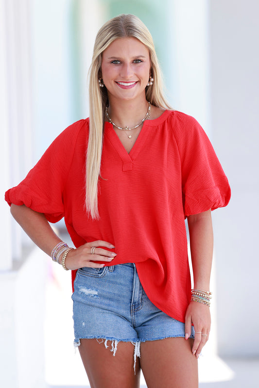 Tomato Red Puff Sleeve V Neck Top